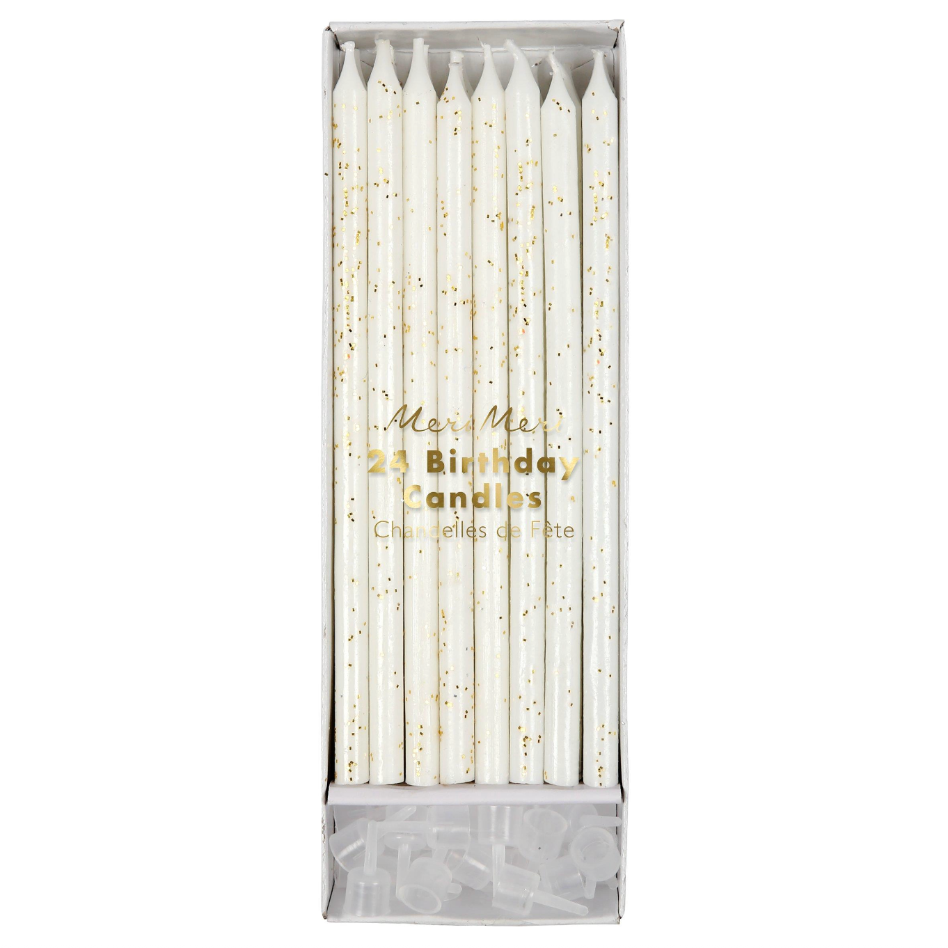 Pack of white birthday candles with gold text in a clear box on a white background