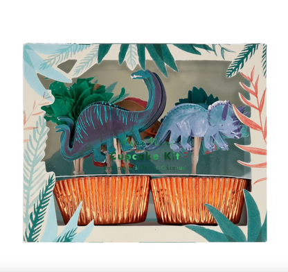 Dinosaur-themed cupcake kit with colorful packaging