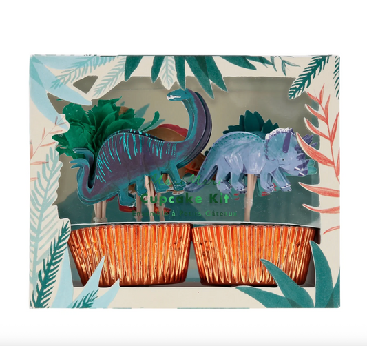 Dinosaur-themed cupcake kit with colorful packaging