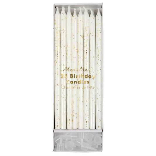 Pack of white birthday candles with gold text in a clear box on a white background