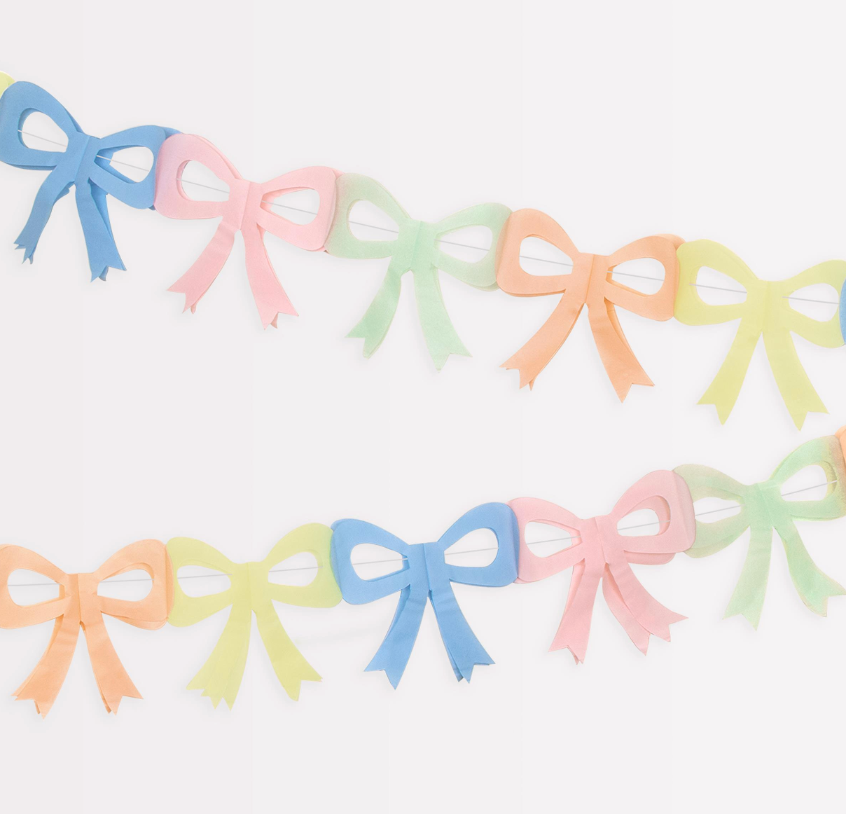 Pastel-colored bow-shaped decorations on a white background